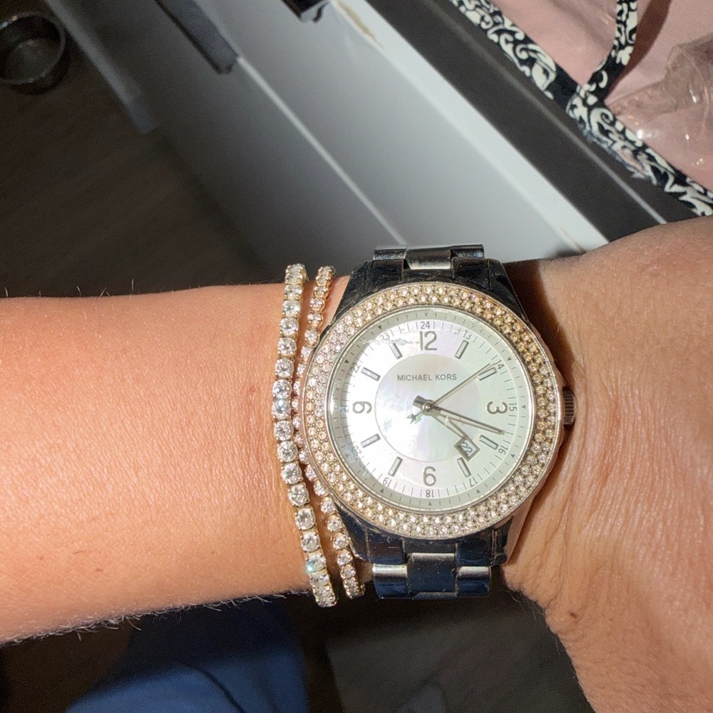 Michael Kors Silver Tone Crystal Bezel Watch with Mother-of-Pearl Dial